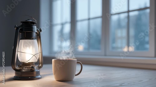 Steaming hot coffee cup on soft fluffy white rug on wooden floor near bright window, creating cozy and warm atmosphere