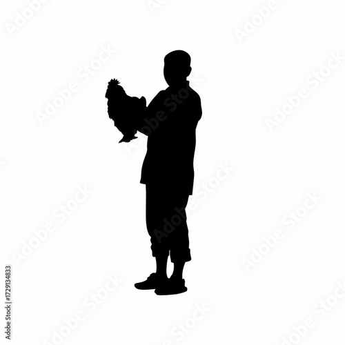 Silhouette of a farmer checking chickens for illness isolated on white background