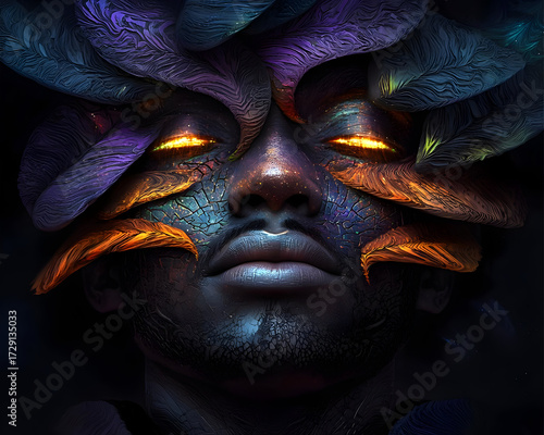 Digital Portrait Of Woman With Glowing Eyes And Floral Mask