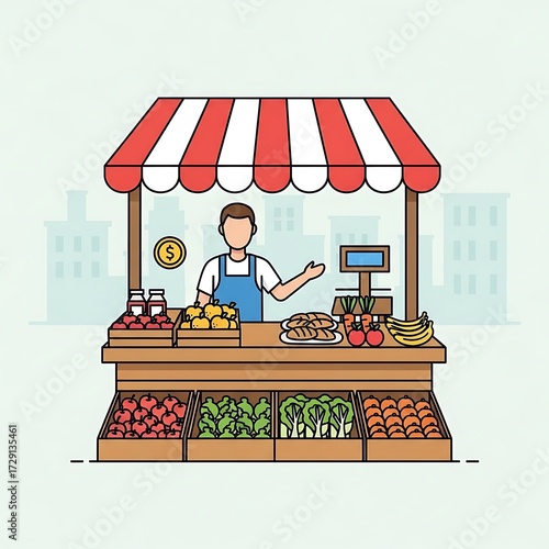 Cartoon Farmer Market Vendor Selling Fresh Fruits and Vegetables at Outdoor Stand