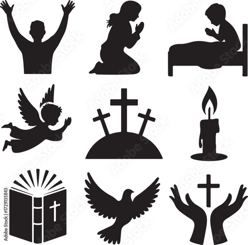 Kneeling Christian Prayer and Church Silhouettes