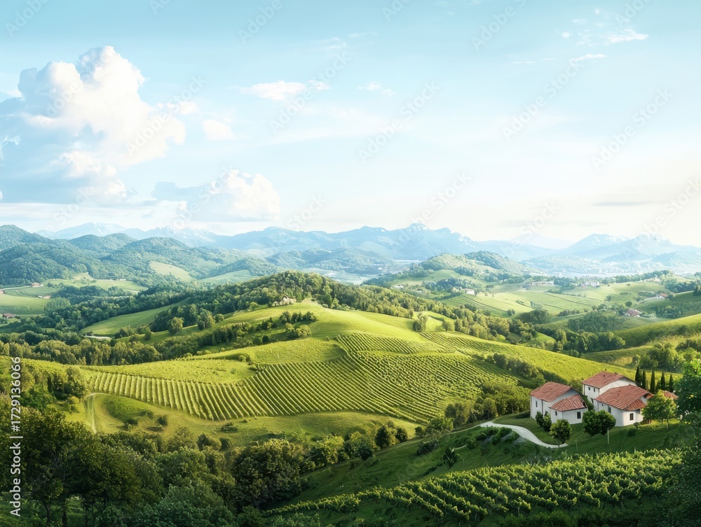 Naklejka premium Breathtaking vineyard landscape overlooking rolling hills tuscany nature photography serene environment panoramic view