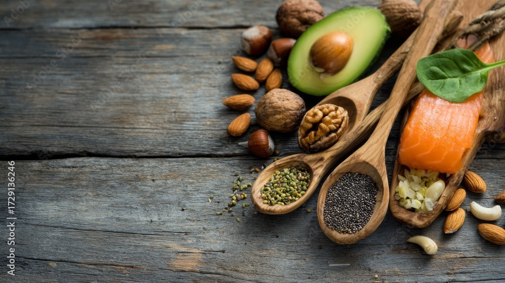 Fototapeta premium Selection of fresh and nutritious healthy foods including fruits, vegetables, nuts, and whole grains on a rustic wooden background for wellness and balanced diet concept