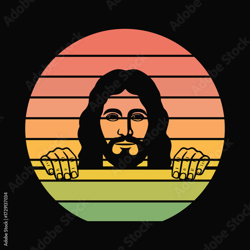 Jesus Christ Peeking Sunset Vintage Retro