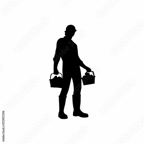 Silhouette of a farmer collecting eggs from nesting boxes isolated on white background