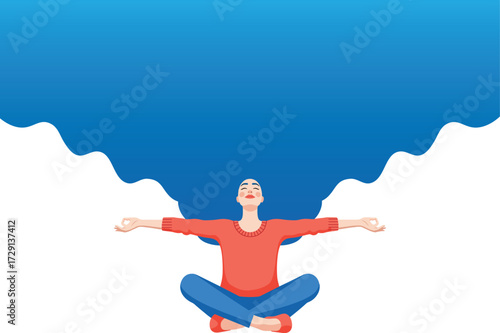Vector art of a person sitting in a lotus position with arms outstretched, , with a large blue cloudlike hair shape above their head
