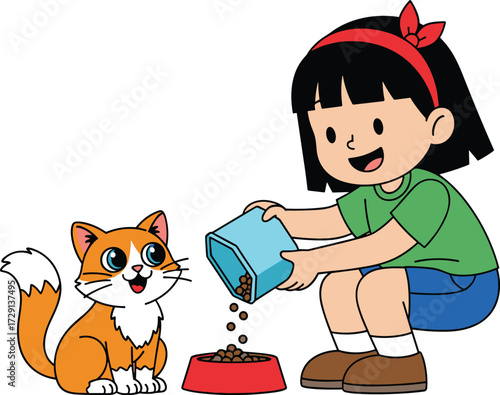 Cartoon child feeding cat, crouching pose, red bowl, blue container, green shirt, orange pet, vector illustration, white background, caring moment