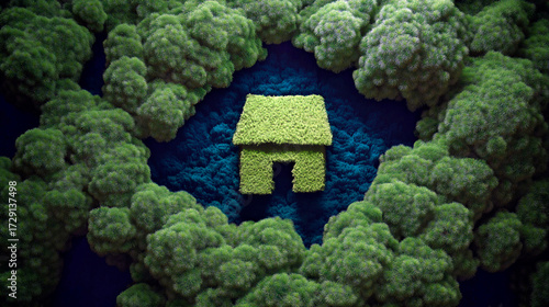 Green eco house shape made of moss surrounded by dense abstract forest, symbolizing sustainability and nature harmony