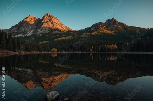 A serene mountain landscape at sunrise, with two peaks bathed in warm golden light. Their reflection is perfectly mirrored in the calm, clear lake below. Surrounding the water are dark green pine tree