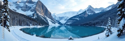 Lake Louise in winter, pristine snow, towering peaks, canada, white