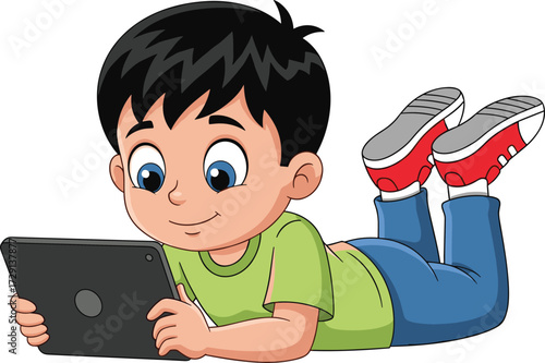 Cartoon child using tablet, lying on floor, digital learning, modern technology, vector art, kids screen time, white background, green shirt