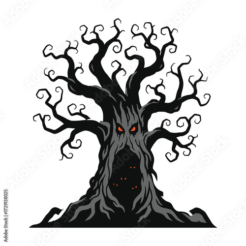 Halloween Vector art of spooky gnarled dead tree with glowing eyes and a dark hollow trunk