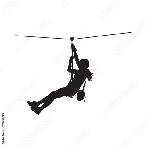 Vector art of silhouette of a person ziplining across a cable