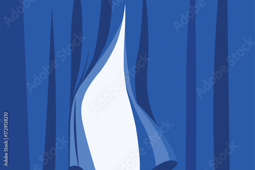 Vector art of a blue curtain is pulled back to reveal a bright white space, symbolizing a reveal or opening