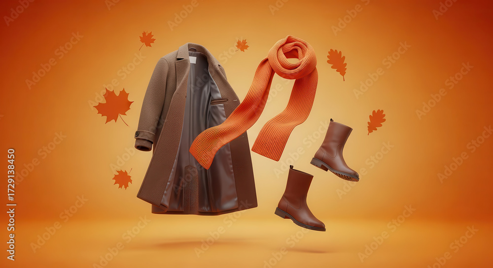 Fototapeta premium Stylish autumn fashion display featuring a brown coat, orange scarf, and brown boots against a warm fall background with floating leaves, embodying seasonal elegance and comfort