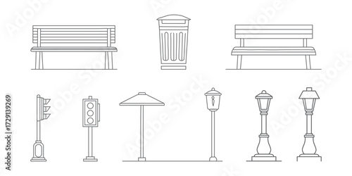 city park street furniture bench lamp post trash can icon set