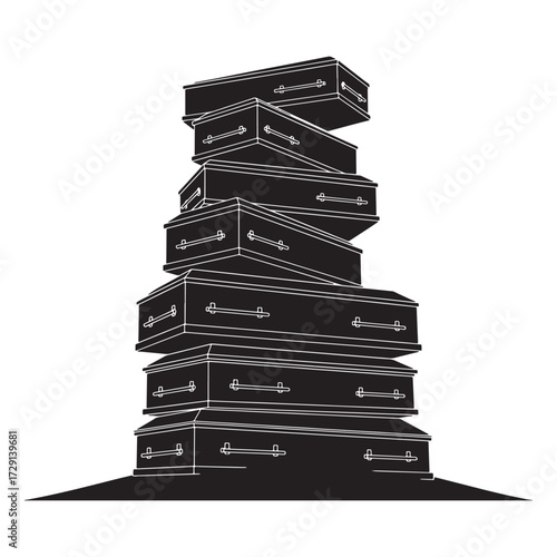 Vector art of a tall, precarious stack of black coffins, symbolizing death, mortality, and the macabre, isolated on a