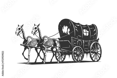 Halloween Silhouette of Haunted Wagon with Broken Wheels and Skeleton Animals Flat Vector Illustration on White Background.