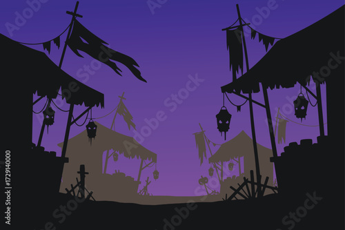 Vector art of a spooky, silhouetted medieval village street at dusk with tattered banners and hanging lanterns, creating an eerie atmosphere