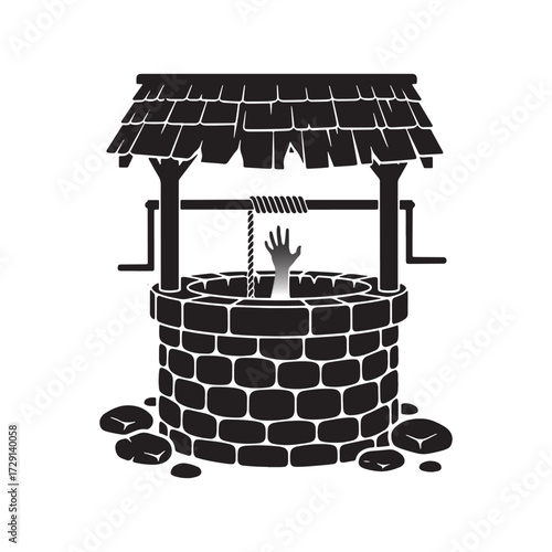 Haunted Well Silhouette with Ghostly Hand and Broken Cover Minimal Halloween Vector