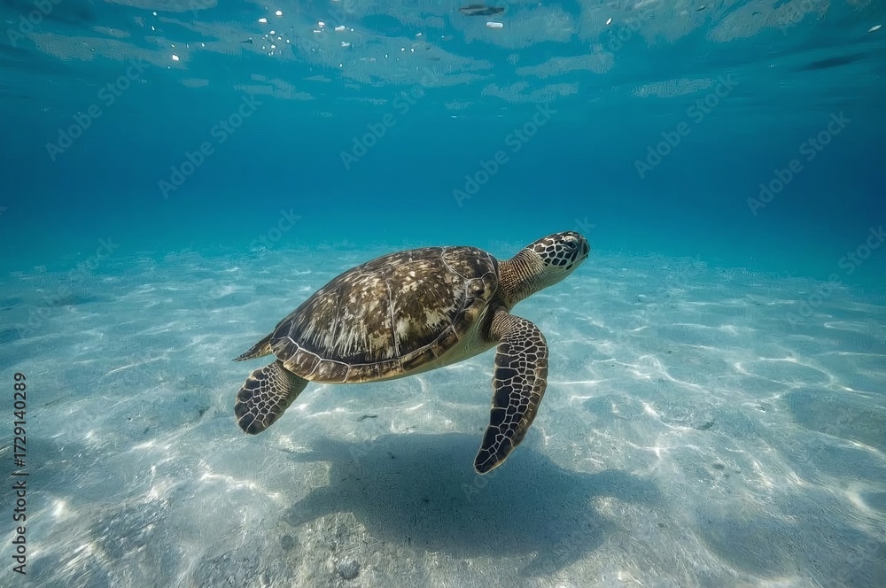Obraz premium A sea turtle gracefully swims underwater in clear, blue ocean waters, with sunlight creating patterns on the sandy seabed below.