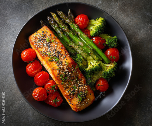 A beautifully plated teriyaki salmon fillet served with roasted asparagus, cherry tomatoes, and broccoli on a dark plate.