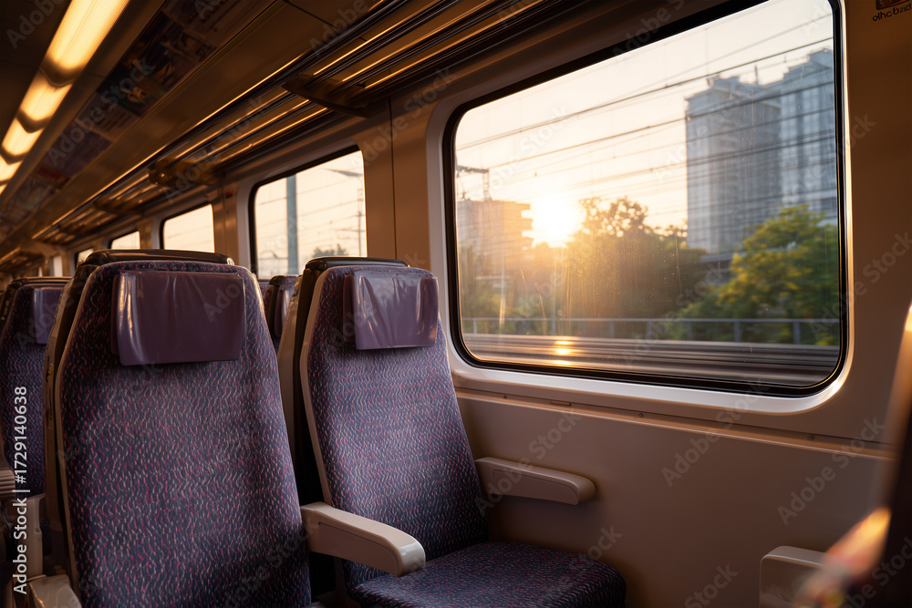 Fototapeta premium Sunlight floods the train as commuters travel during morning hours