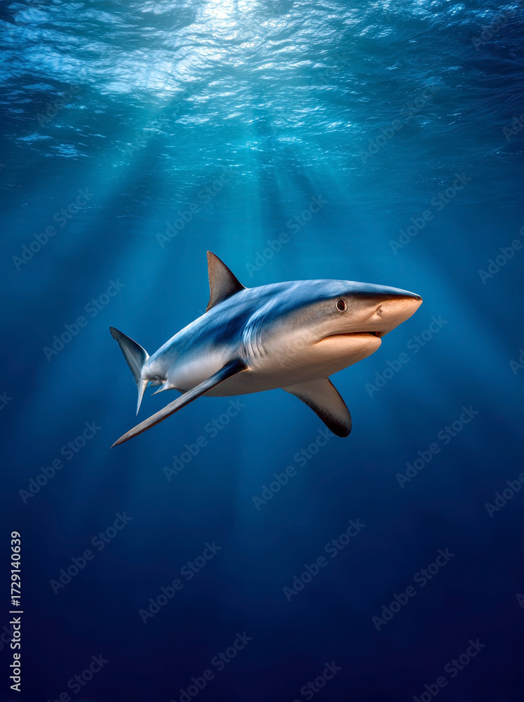 Obraz premium A majestic blue shark glides through the deep blue ocean waters, sunlight streaming down from the surface, creating a dynamic and captivating underwater scene.