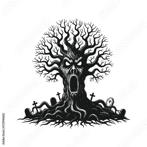 Vector art of scary haunted tree with a face and open mouth, surrounded by gravestones