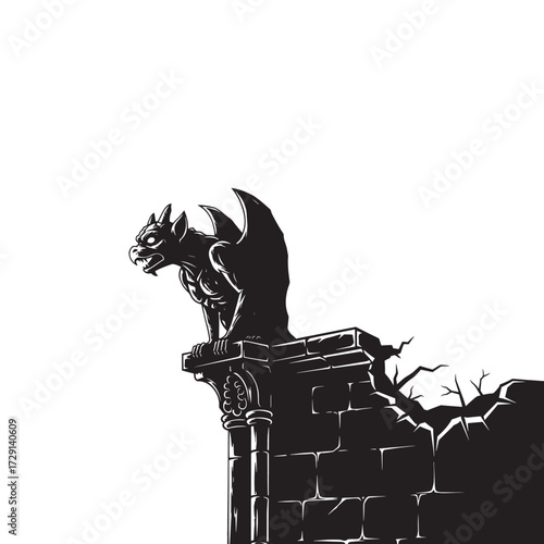 Vector art of silhouette of a menacing gargoyle perched atop ancient stone ruins against a stark, evoking a sense of mystery and gothic architecture
