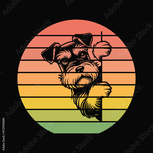 Miniature Schnauzer Dog Peeking Sunset Vintage Retro Dog Lover