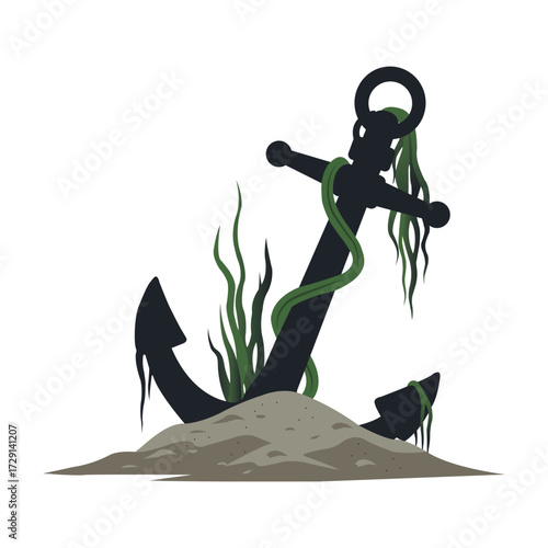 Vector silhouette of a ghostly old ship anchor buried in sand.