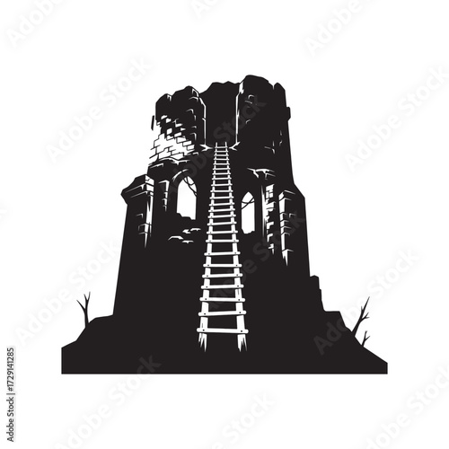 Halloween Vector art of silhouette of a dark, imposing tower with a ladder leading up to a shadowy figure at the top
