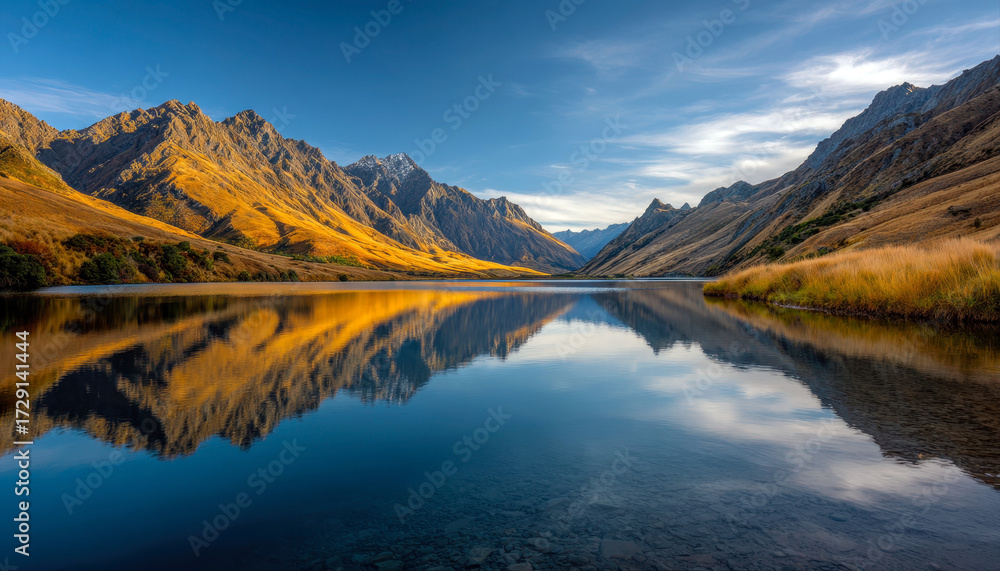 Naklejka premium A stunning landscape featuring golden mountains reflected perfectly on a calm lake under a clear blue sky.