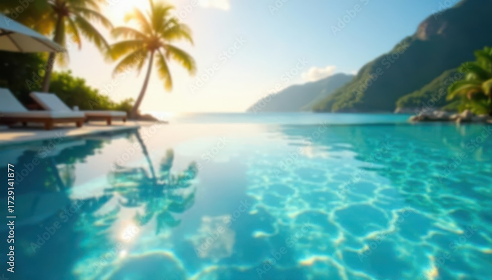 Fototapeta premium Shimmering crystalline water, infinity pool, tropical blur, sun reflections, stunning, background, palm trees