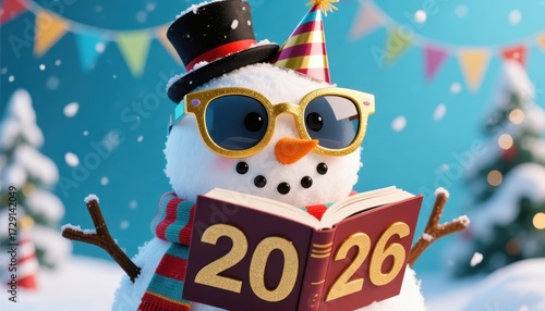 Festive snowman wearing sunglasses and a party hat reads a book with the year 2026