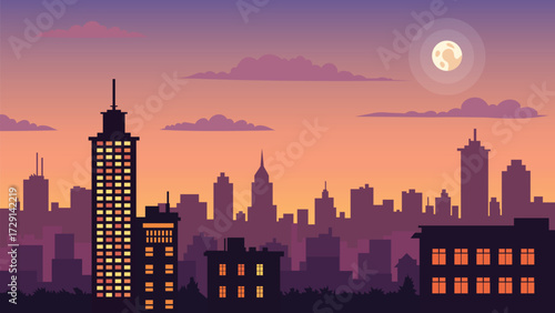 Modern City Skyline at Sunset Vector Illustration Urban Metropolis at Dusk with Full Moon Vector