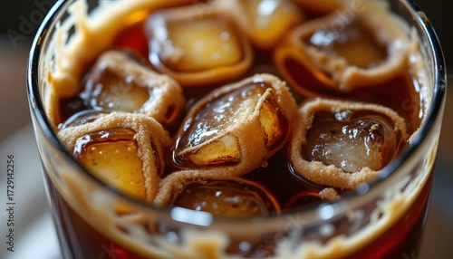 The close up shot shows a frosty glass containing rich, dark coffee swirling with cold ice cubes, creating a delightful contrast of temperatures and textures.