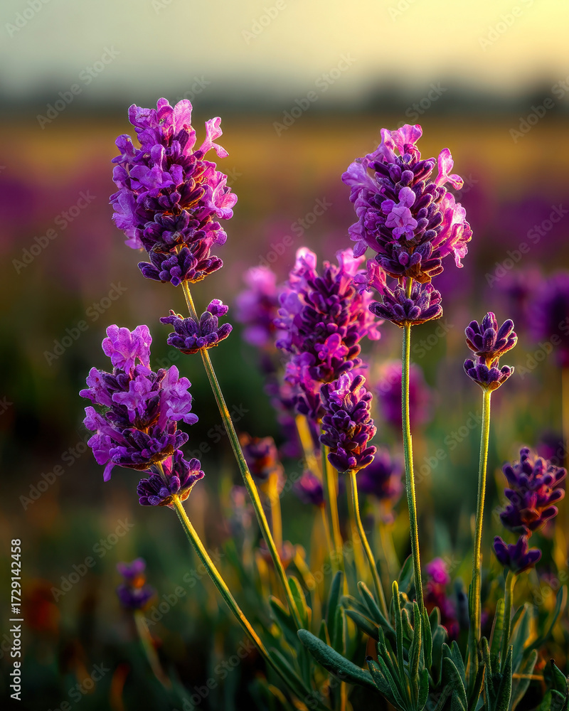 Obraz premium Close-up of vibrant purple lavender flowers in a field at sunset.