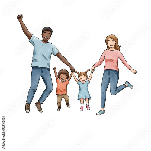 A joyful realistic watercolor 2D vector illustration depicts happy parents with their children holding hands, mid-air, jumping together on a clean white background, celebrating family happiness.