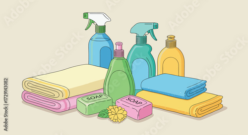 A collection of various cleaning supplies and household items arranged together for a visual presentation.
