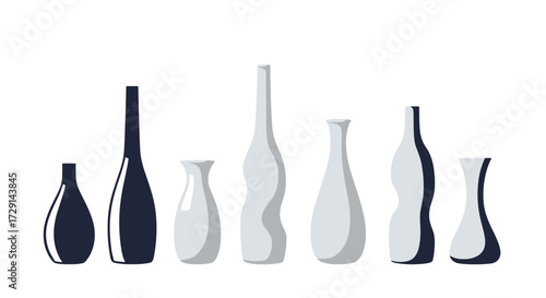 A collection of seven distinct ceramic vases in varying shapes and sizes.