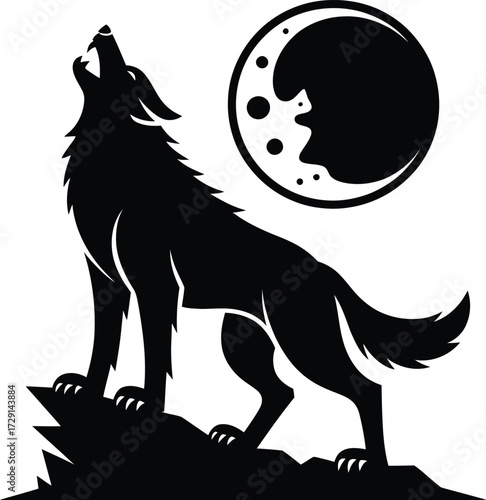 Black wolf howling at crescent moon night silhouette
