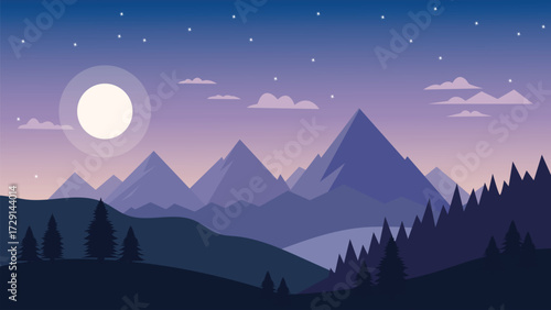 Vector illustration in flat simple style night landscape with natural scene
