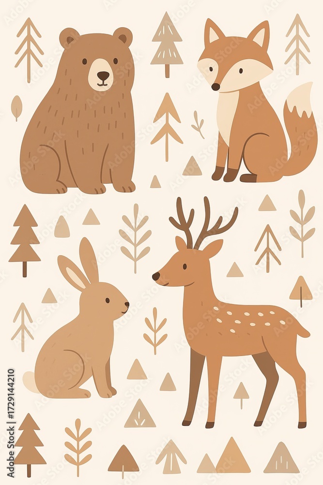 Naklejka premium Playful Animals - Bear, Fox, Deer, Rabbit in a Whimsical Forest Illustration