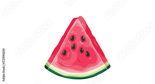 A juicy slice of watermelon with black seeds and a vibrant green rind is depicted.