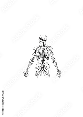 Anatomy of the Human Nervous System and Skeletal Structure, Detailed Illustration