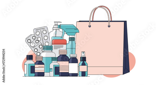 Assorted cleaning products and a shopping bag presented in a modern flat illustration style.