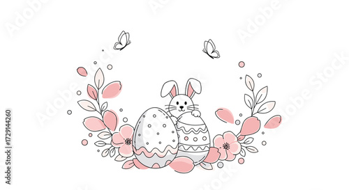 A cute bunny sits with a decorated egg surrounded by delicate flowers and fluttering butterflies forming a whimsical wreath.