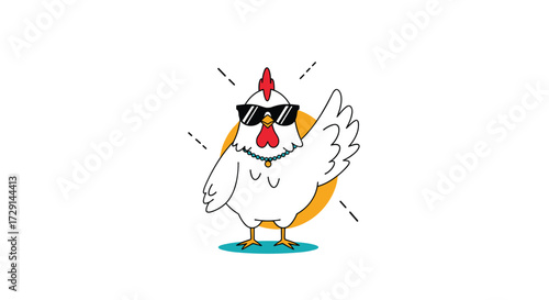 A cool chicken wearing sunglasses and a necklace poses confidently.